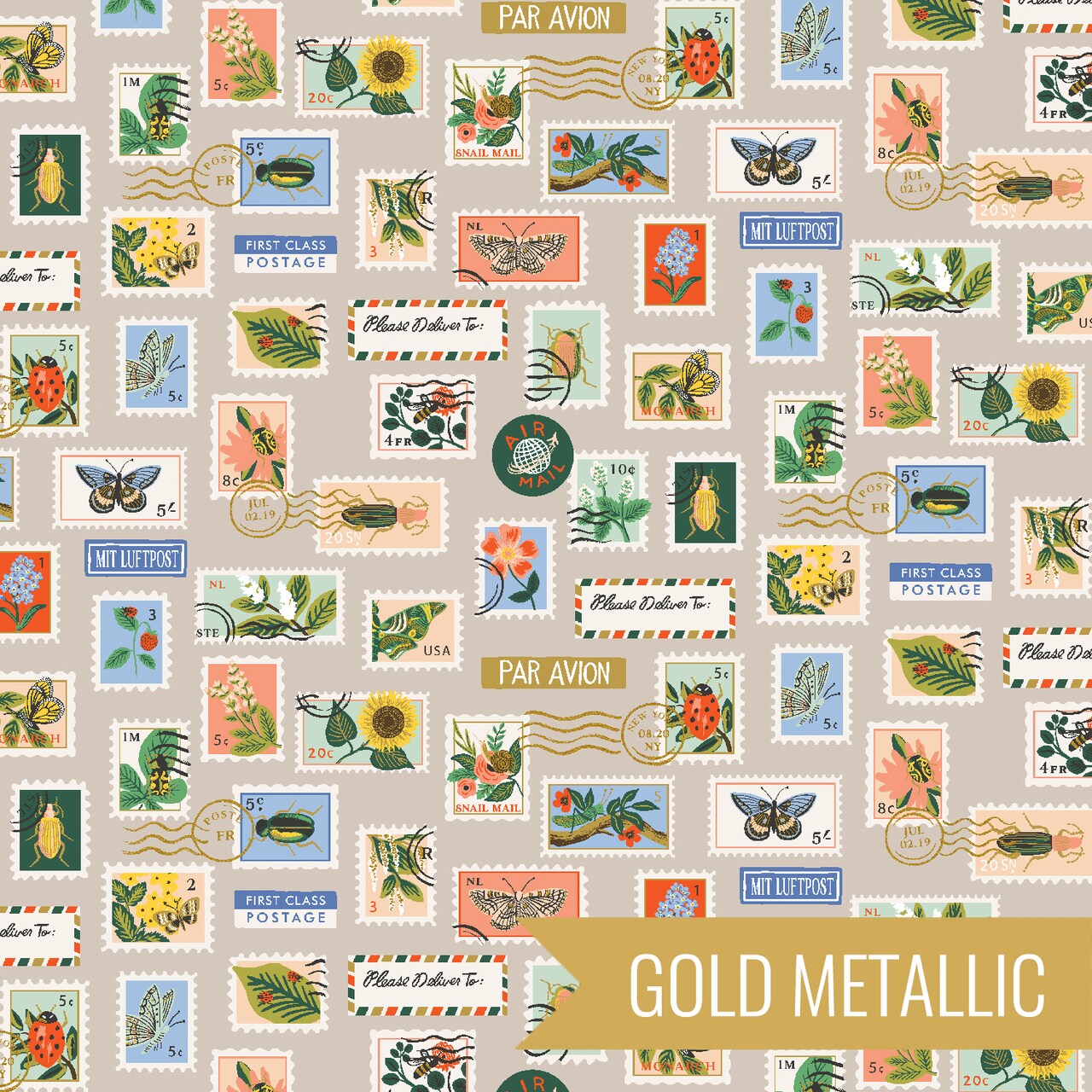 Botanical Postage Stamps in Khaki Metallic (rp1104-kh1m) | Curio | Rifle Paper Co | Cotton+Steel
